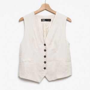 Zara Linen Blend Vest Women's Small Off White V-Neck Button Front Pockets